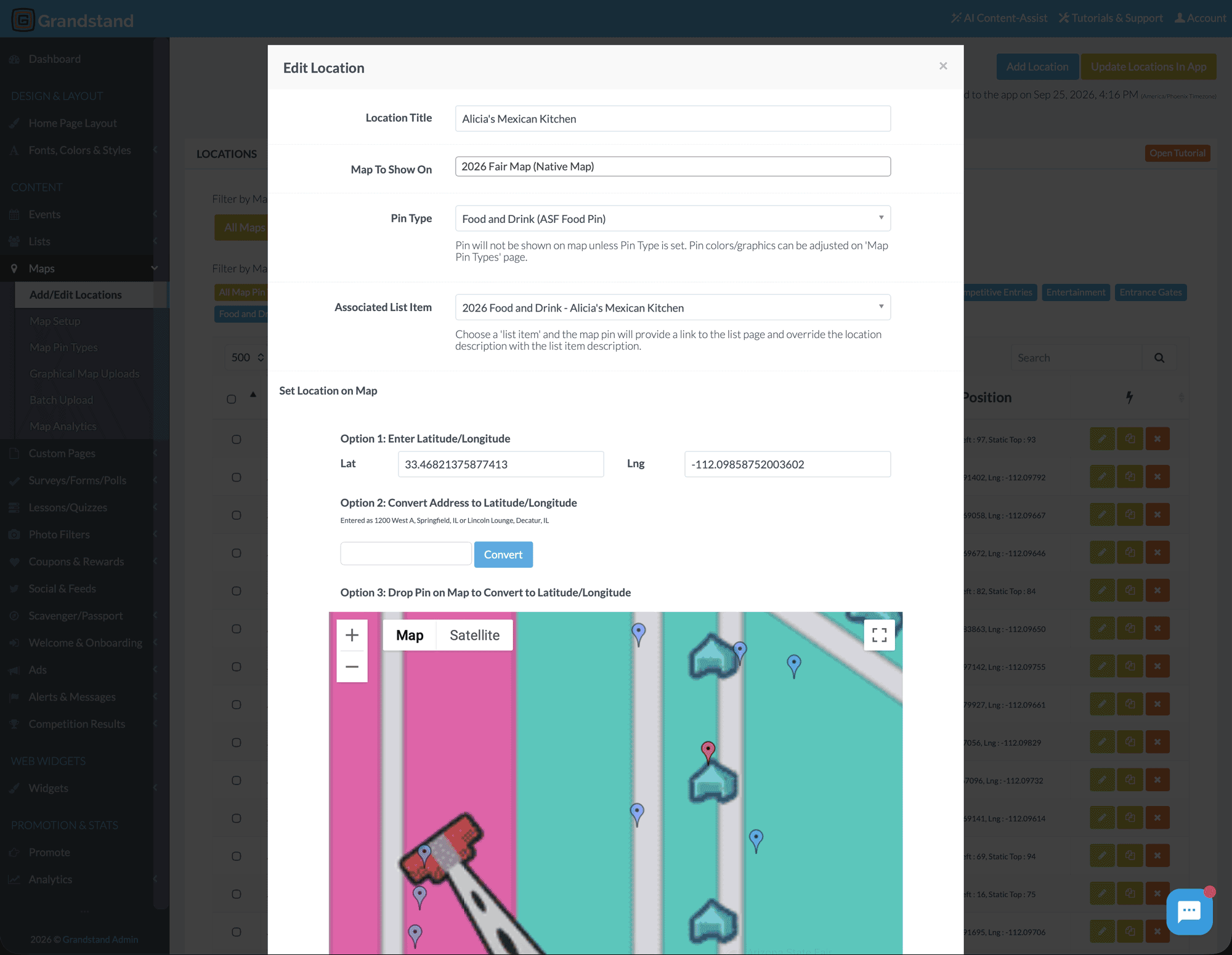 Interactive map management in Grandstand Admin