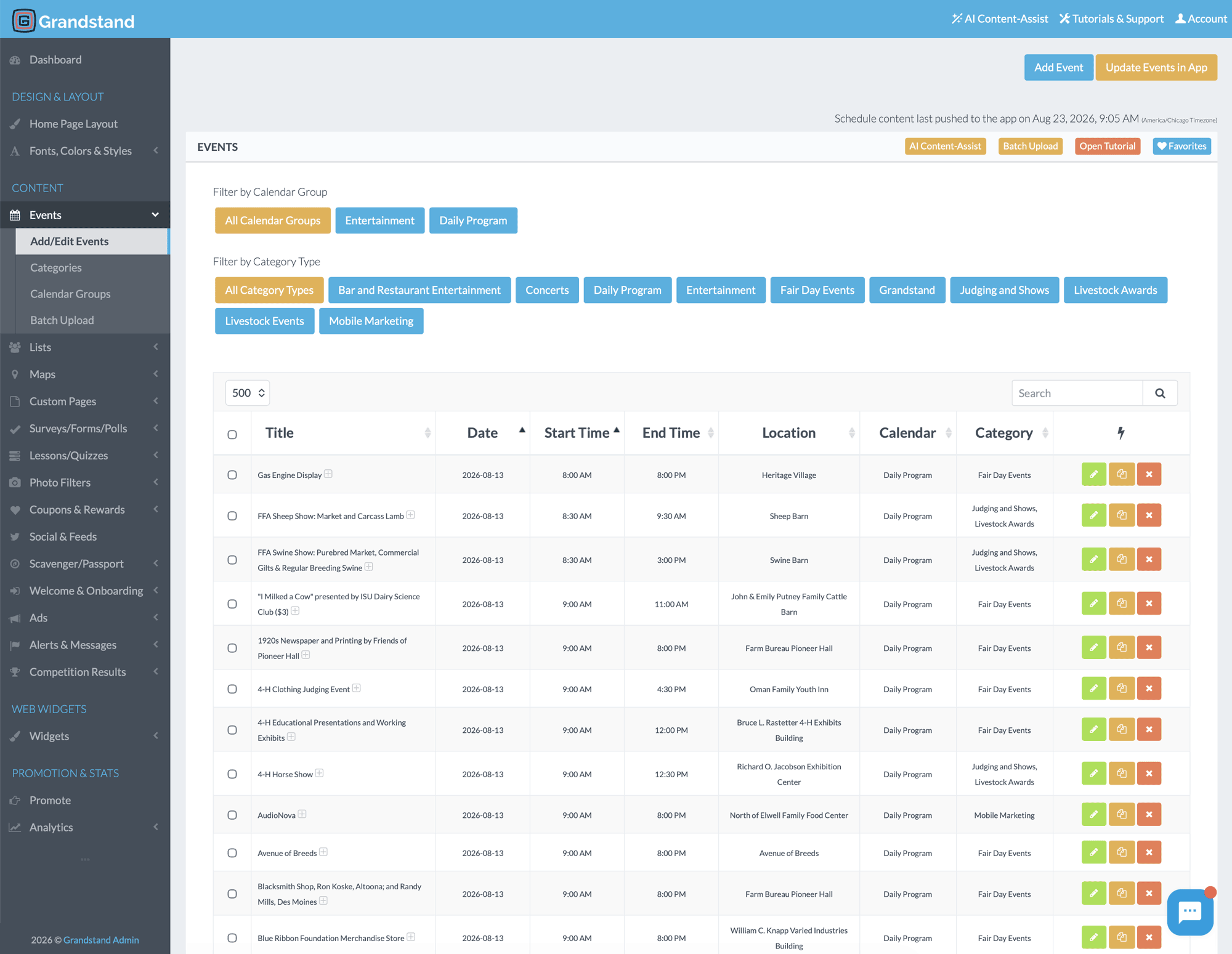 Schedule management tools in Grandstand Admin