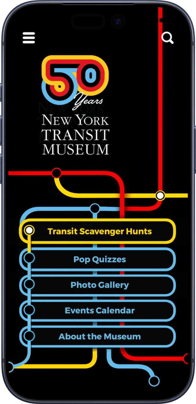 New York Transit Museum app home screen with scavenger hunts, pop quizzes, photo activities, events, and museum information.