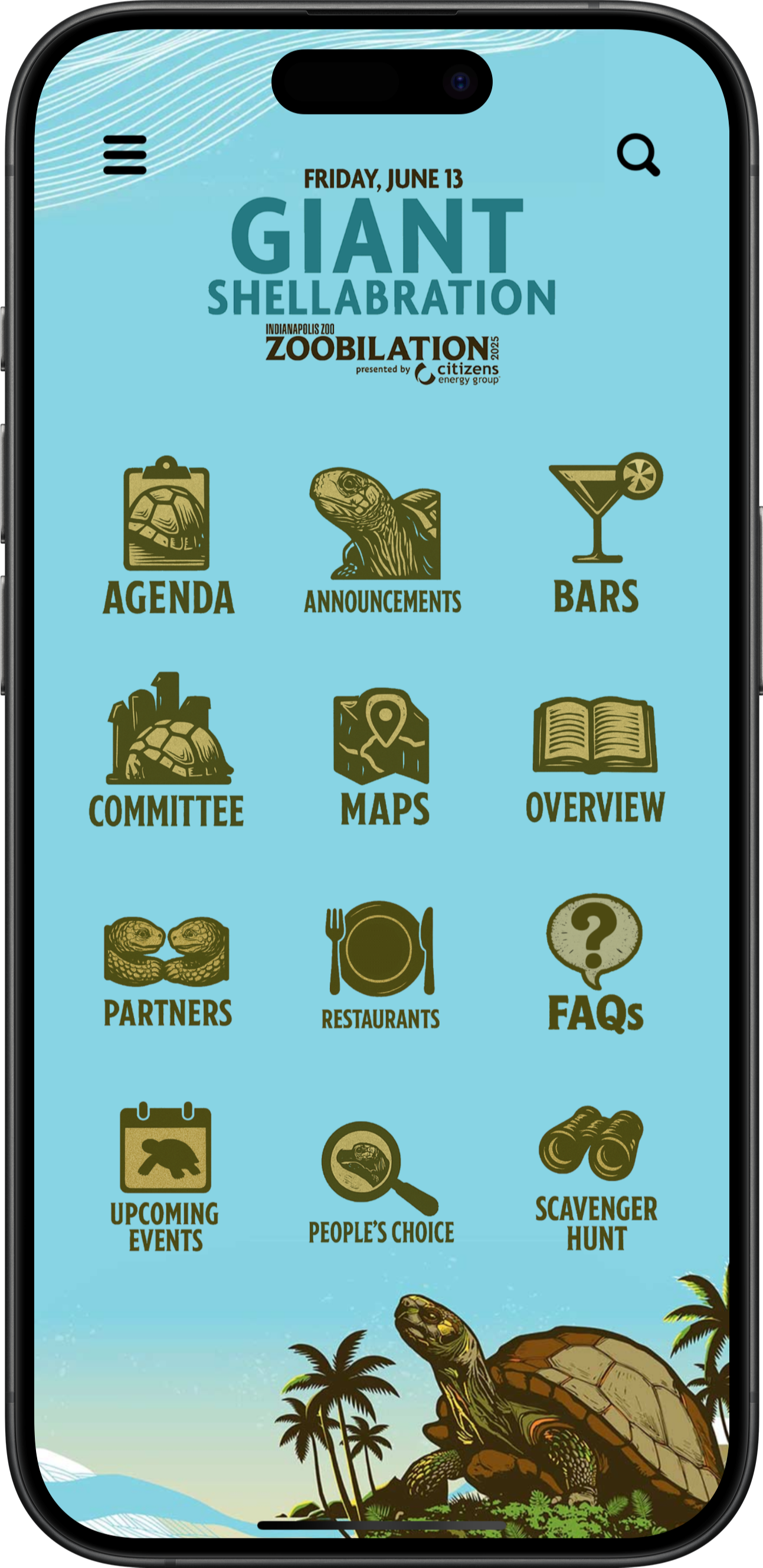 Indianapolis Zoo Zoobilation home screen with agenda, maps, announcements, People's Choice voting, partners, and scavenger hunt