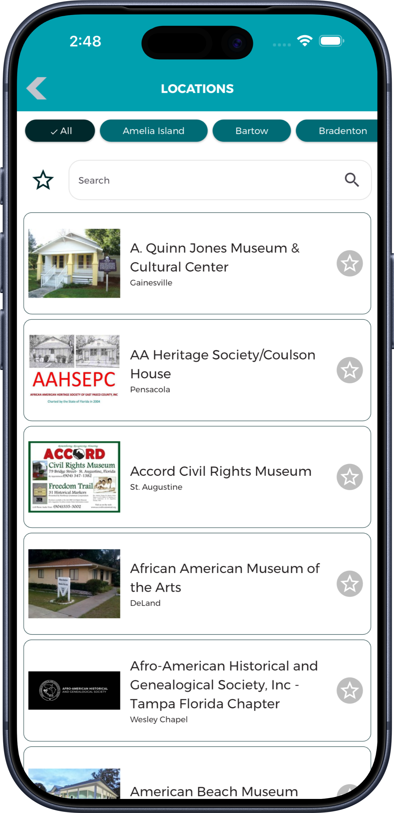 Florida Black History Museums location directory with city filters, search, and favorite controls.