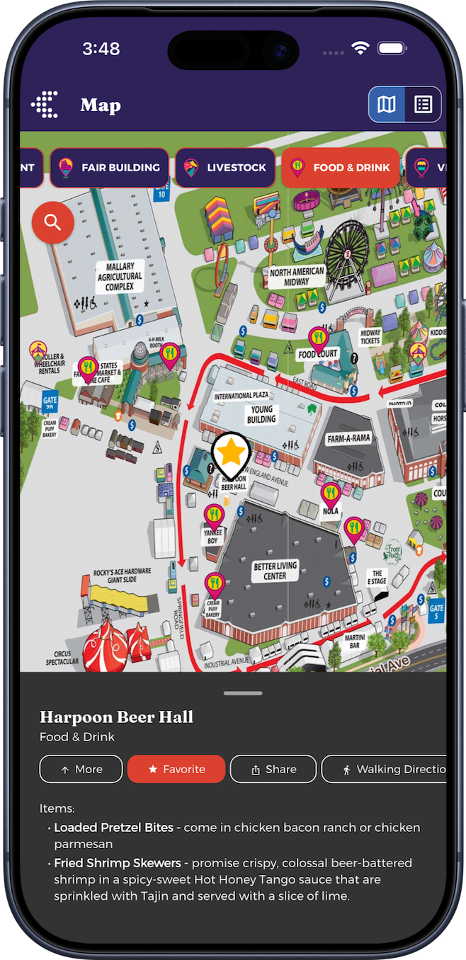 The Big E selected food location with item details, Favorite, sharing, and walking-directions actions