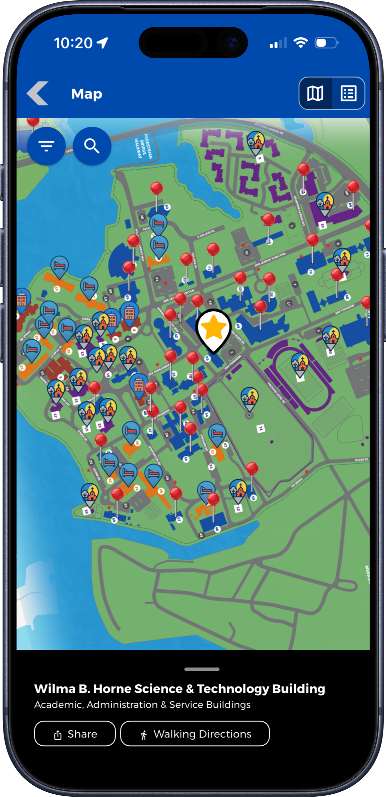 Hampton campus graphic displayed with searchable map locations