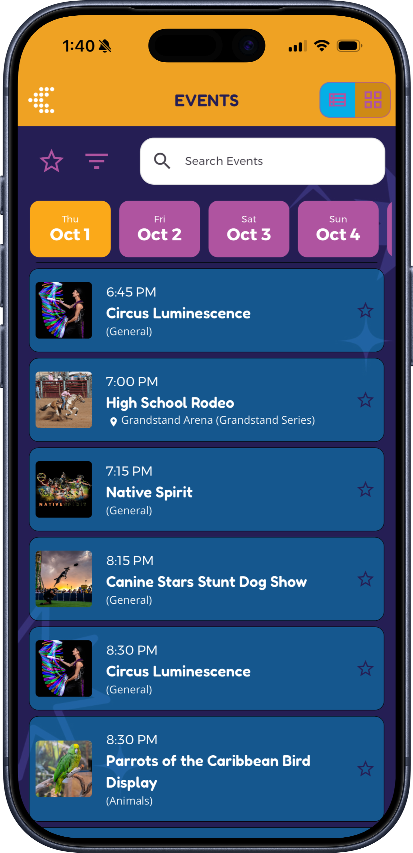 Colorful state fair schedule in a mobile app