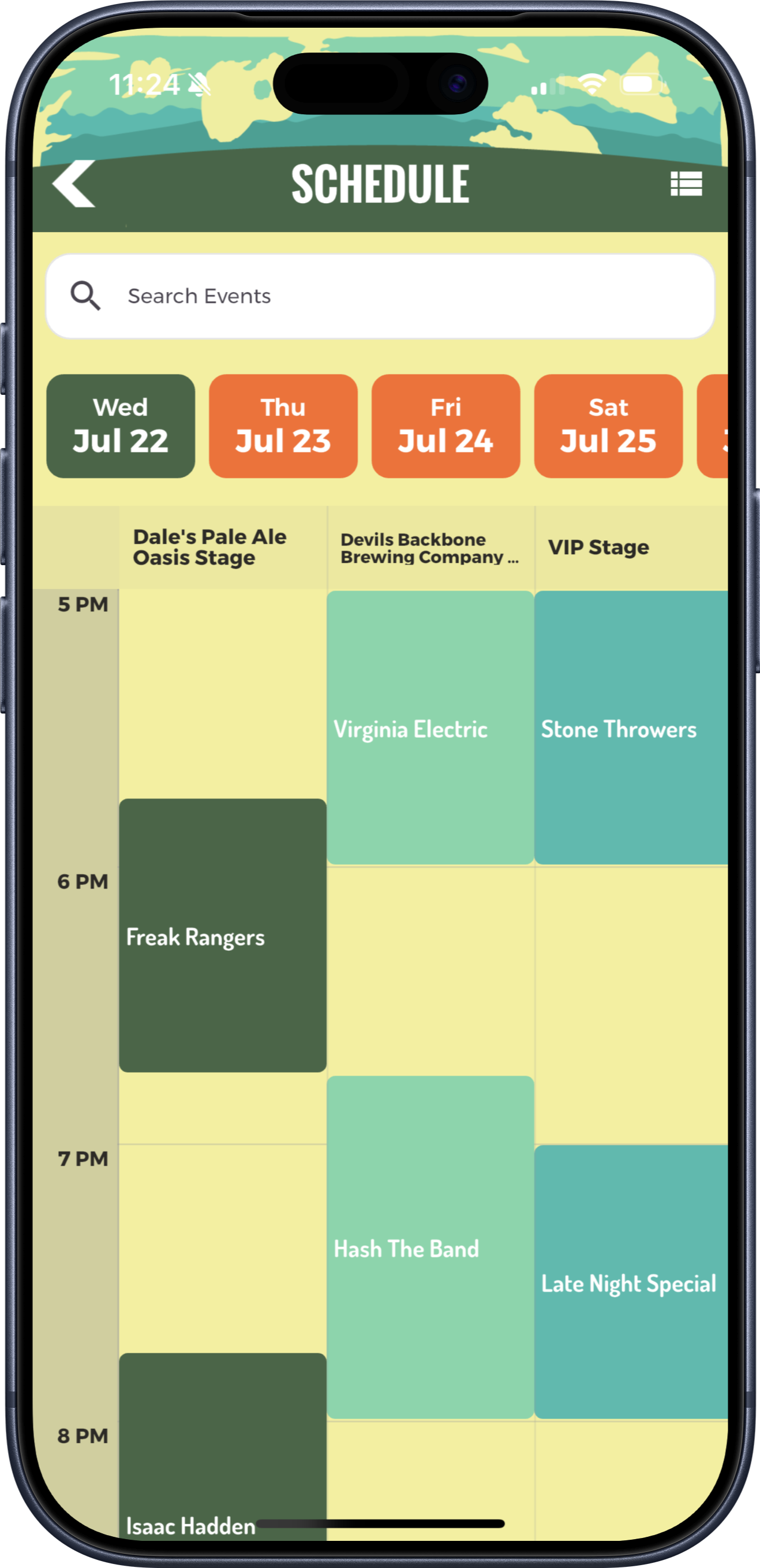 Mobile event schedule displayed as a timetable