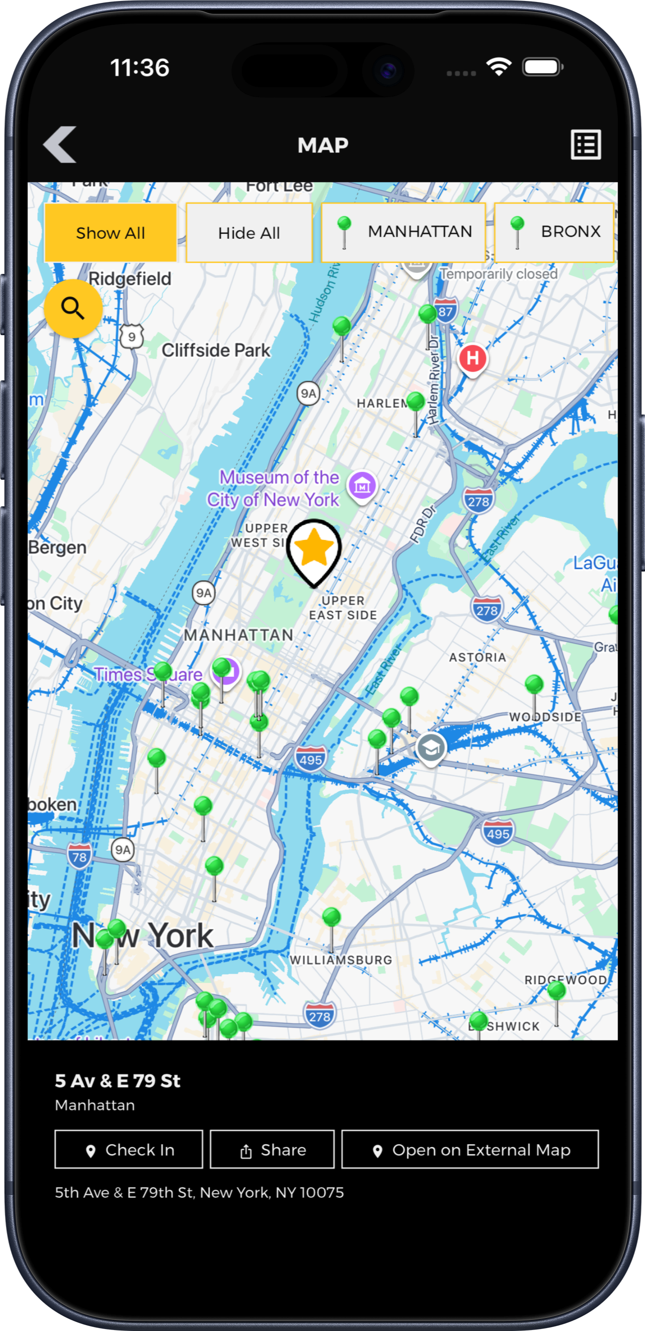 New York exploration map with searchable locations and a configured check-in place