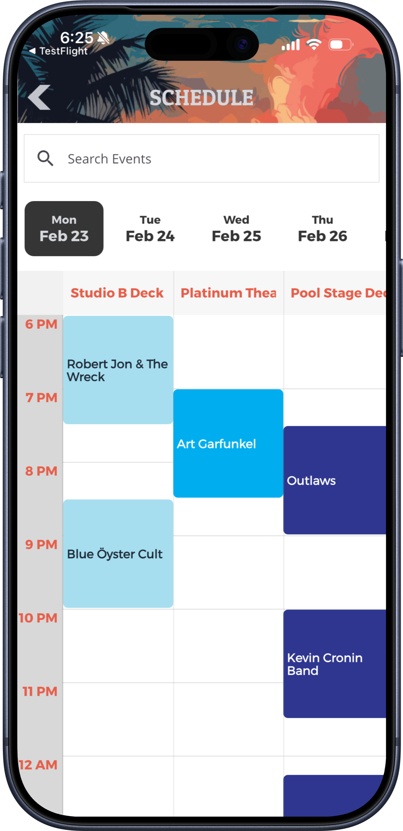 Timetable event schedule organized into stage columns